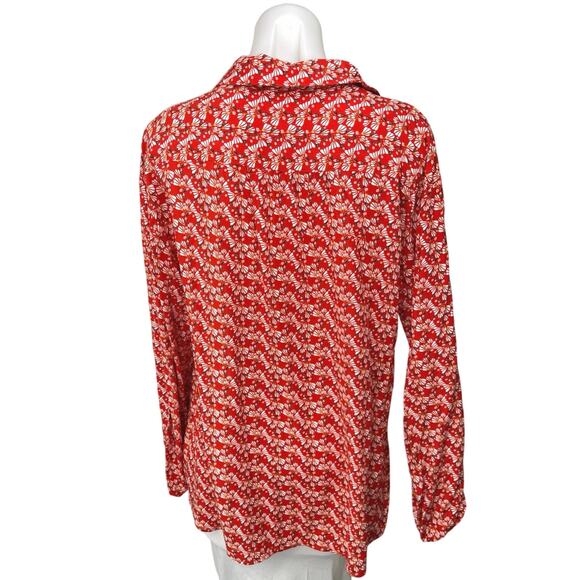 NEW Max Studio Red Floral Print Button Up Collar Long Sleeve Shirt Blouse Top L - Picture 2 of 5